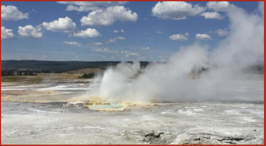 Heated groundwater can discharge at the surface as a __**hot spring**__

\
\
Groundwater that boils in an underground chamber to periodically produce a release of steam or water is called a *geyser*.

\
There are are approx 1000 geysers on earth and nearly half are in yellowstone national park. 