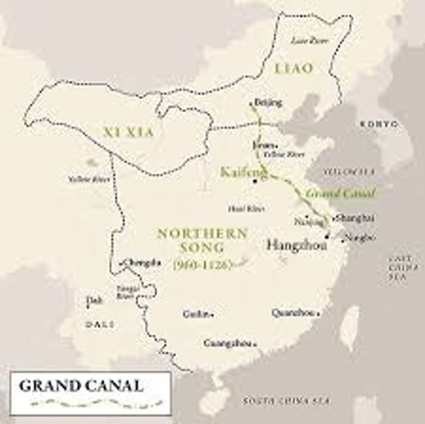 <p>The 1,100-mile (1,700-kilometer) waterway linking the Yellow and the Yangzi Rivers. It was begun in the Han period and completed during the Sui Dynasty.</p>