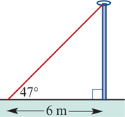 <p>a pole is supported by a wire that runs from the top of the pole to a point on the level ground 6m from the base of the pole. the wire makes an angle of 47° with the ground. </p><p>find the height of the pole, correct to two decimal places</p>