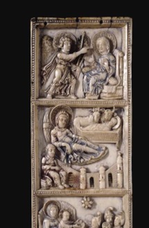<p>Placca con l'annunciazione, la natività e l'adorazione dei magi</p>