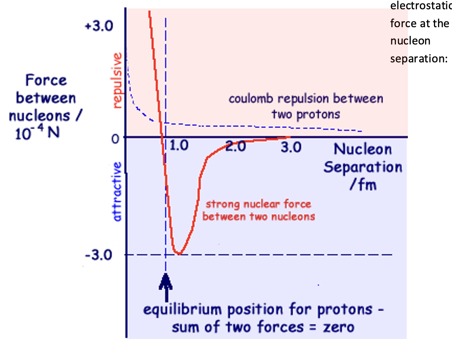 <ul><li><p>The strong force is the very strong force that acts between quarks.</p></li><li><p>It is repulsive at <strong>extremely</strong> low distances, but attracting at<strong> very</strong> low distances.</p></li><li><p>The force is responsible for ensuring the nucleons in the nucleus are held tightly together, balancing the electrostatic force at the nucleon separation.</p></li></ul><p></p>
