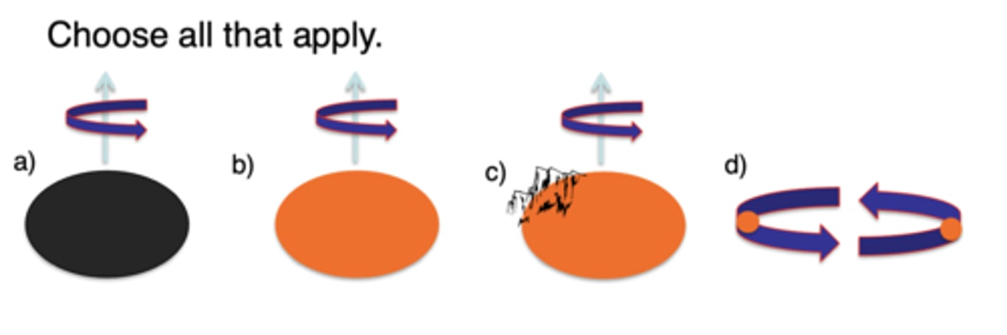 <p>C &amp; D<br><br>Rotating black hole?<br>No (axisymmetric). Same<br>argument applies to neutron star<br><br>Rotating neutron star with a<br>"mountain" on surface?<br>Yes. non-axisymmetric due to<br>mountain<br><br>Binary stars?<br>Yes. non-axisymmetric.<br>Particularly strong if v ≈ c</p>