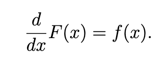 <p>Suppose we have a function $$f(x)$$ we say that $$F(x)$$ is <u>an</u> antiderivative (an because there may be multiple suitable antiderivatives) of $$f(x)$$ if $$y=F(x)$$ is a solution to the differential equation:</p><p>$$ y’=F(x)\Leftrightarrow\frac{d}{dx}F\left(x\right)=f\left(x\right) $$ </p><p><br>In other words, $$F(x)$$ is an anti-derivative of $$f(x)$$  if (see image) the derivative of  $$F(x)$$ is $$f(x)$$ <em>.</em></p>