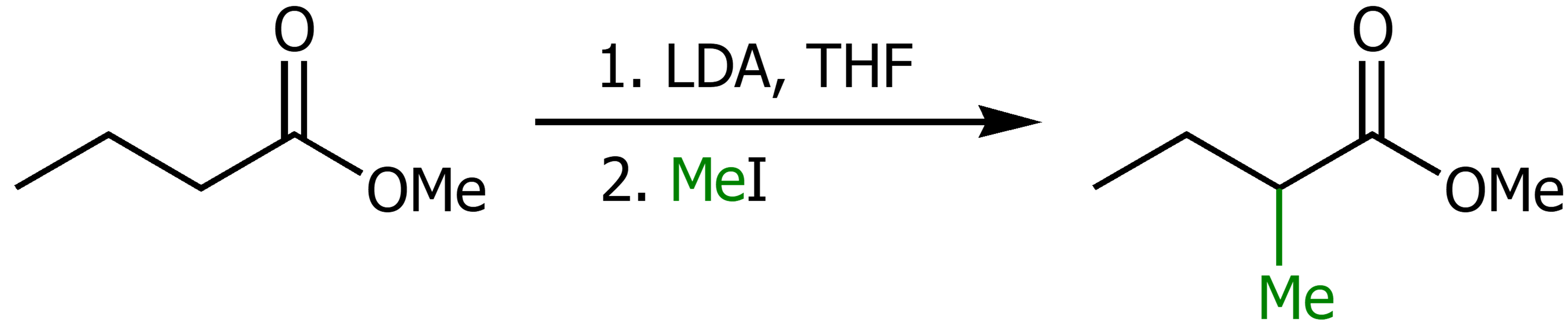 <p>Using LDA, THF and a R-X group will substitute the alpha hydrogen for the R group. </p>
