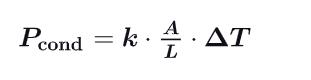 <p>rate of conducted heat through a body </p><p>-k is the coefficient of thermal conductivity, depending on the type of material only and expressed in W/(m*k)</p><p>-A is the contact area with the body</p><p>-L length of the body through which heat is conducted</p>