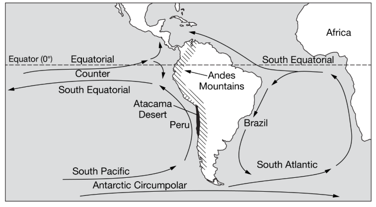 <p><span><span>Based on the map above, which of the following best identifies and explains the region of South America that would have a more moderate climate?</span></span></p>