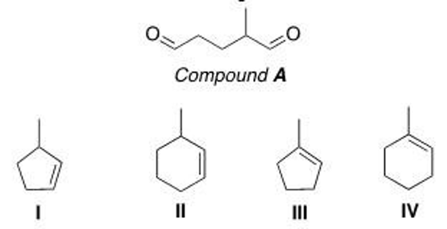 <p>After ozonolysis and treatment of the unstable ozonide with CH3SCH3, compound A was converted to the compound below. What is the structure of compound A?</p><p>A. I</p><p>B. II</p><p>C. III</p><p>D. IV</p>