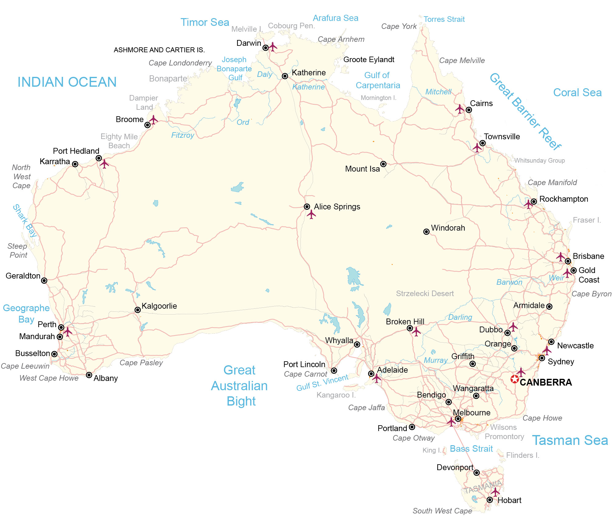 ^ Reference map of Australia, mainly showing roads and cities