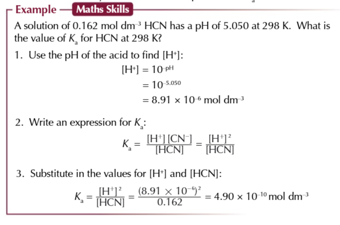 <p>if you know the concentration and the pH you can sue them both to find Ka of a weak acid</p>