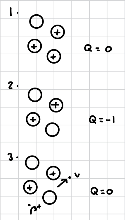 <ol><li><p>unstable nucleus has a balanced charge but an excess of protons</p></li><li><p>a proton turns into a neutron. the nucleons are balanced but charge is now -1</p></li><li><p>a positron of charge +1 is created, balancing the charge. the remaining energy / charge is emitted through a neutrino</p></li></ol>