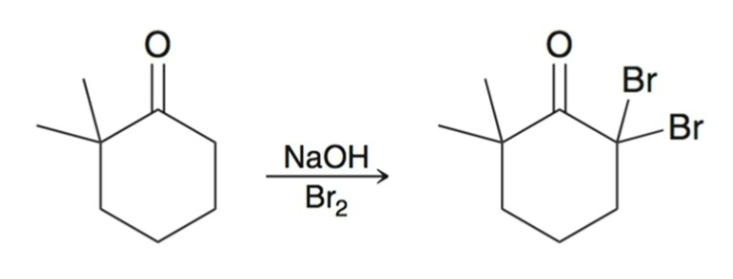 <p>Poly-halogenation</p><ul><li><p>once the ketone is brominated, it forms an enolate and brominates again at an even faster rate.</p></li></ul><p></p>