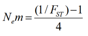 <p>N<sub>e</sub>m = [(1/F<sub>ST</sub>) - 1] / 4</p><p>even a little bit of gene flow can prevent genetic drift</p>