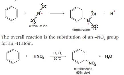 <p>This is done by using sulfuric acid to add hydrogen to the oxygen bonded to the hydrogen in the acid which produces the nitronium ion through polarizing which acts as an electrophile that attacks the delocalized electrons in the benzene ring which is then added to form nitrobenzene.</p>