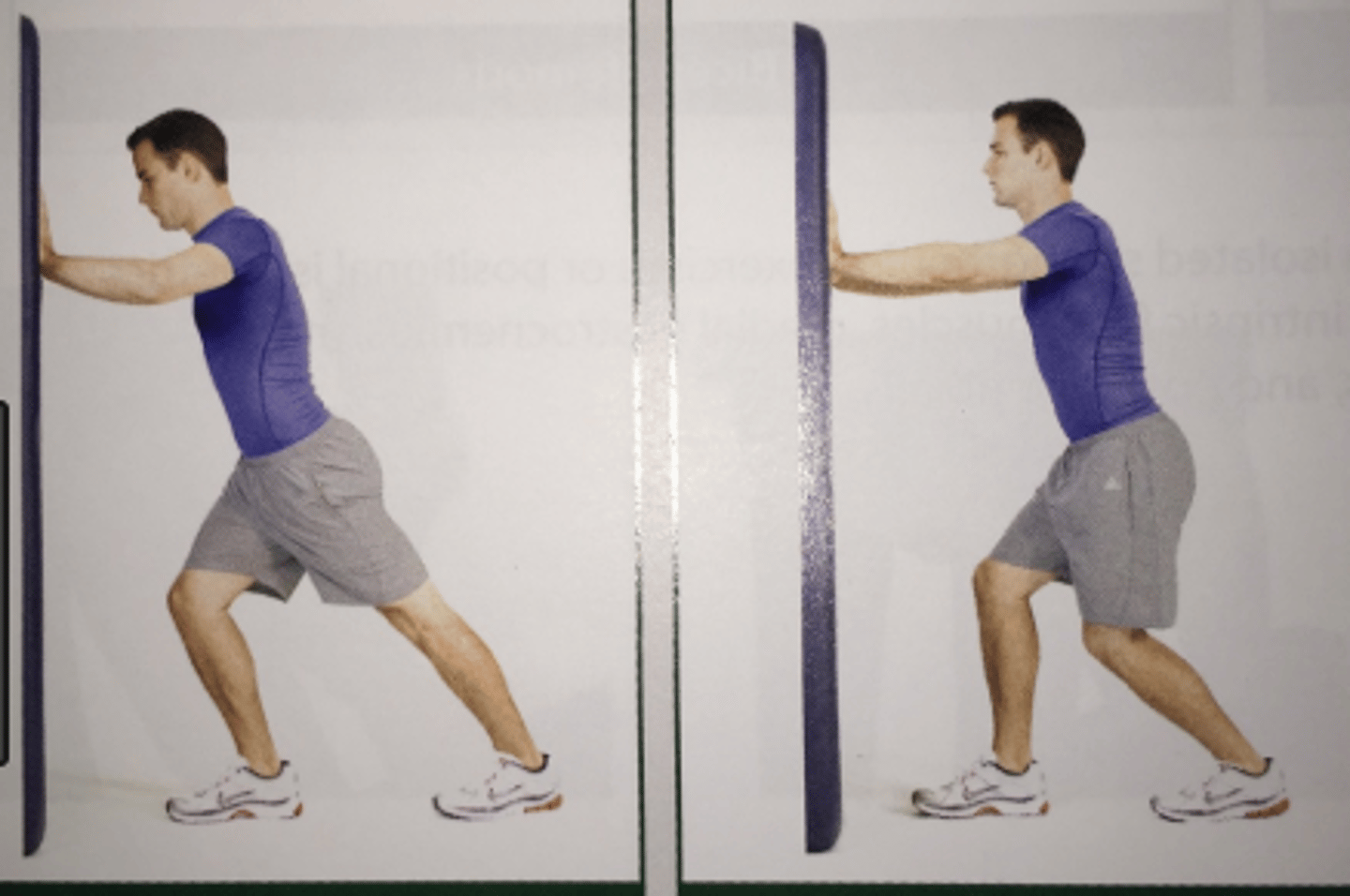 <p>•Testing position: standing, knee extended, and foot in line with the lower leg and knee</p><p>•Stabilization: maintain heel in contact with the floor</p><p>•Testing motion: individual dorsiflexes the ankle by leaning forward. The end of testing motion occurs when the individual feels tension in the posterior calf and knee, and further ankle DF causes the knee to flex or the heel to lift off the floor</p><p>•Measure to document progress - goniometer alignment as with ankle DF</p><p>•Interpretation: If the gastroc is short, it only limits DF when the knee is in extension. If DF is limited regardless if the knee if flexed or extended, the limitation is within the ankle joint</p><p>•Normal DF ROM: 22-25 degrees</p>
