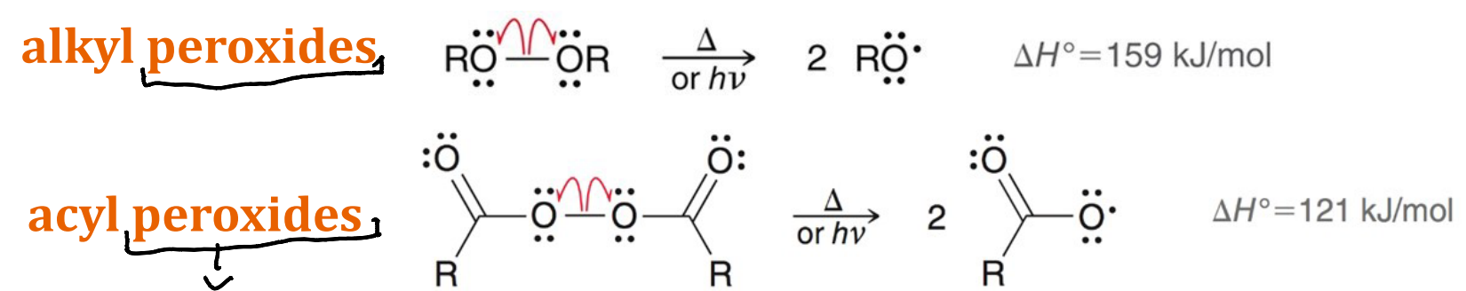 <p>Alkyl peroxides an Acyl peroxides</p>