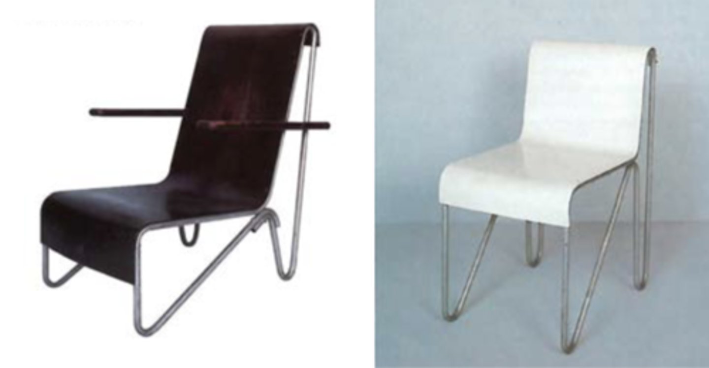 <p>Rietveld <br>Chairs designed with bent steel rods for mass production.</p>