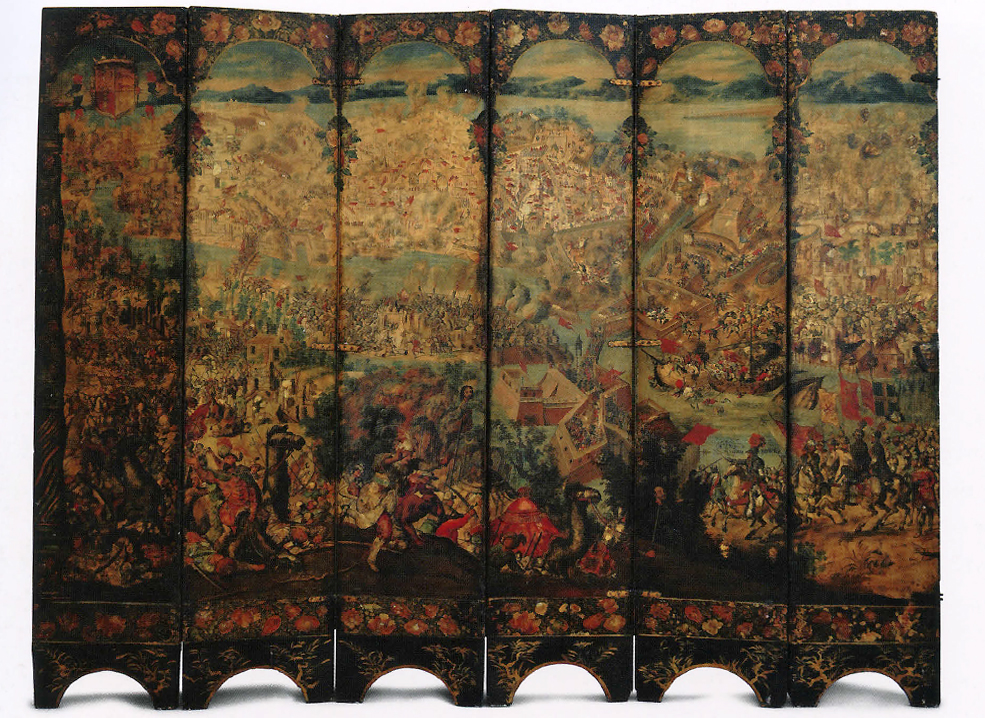 <p>Screen with the Siege of Belgrade and hunting scene</p><ul><li><p>Circle of the González Family.</p></li><li><p>c. 1697-1701 C.E.</p></li><li><p>Tempera and resin on wood, shell inlay Throughout both sides,</p></li></ul><p>the artists embedded thin layers of mother-of-pearl, but not in any pattern, nor within the images&apos; contour lines. Their purpose was to reflect light from the candles that would have shone in the screen&apos;s surroundings</p>