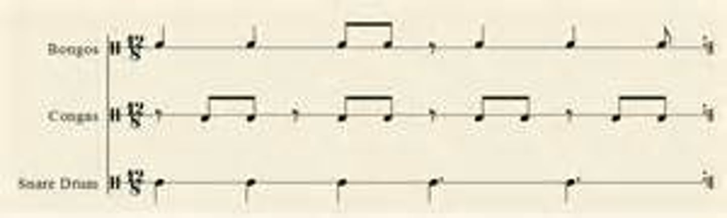 <p>When two or more rhythms with different pulses are heard together. Often used in African music.</p>