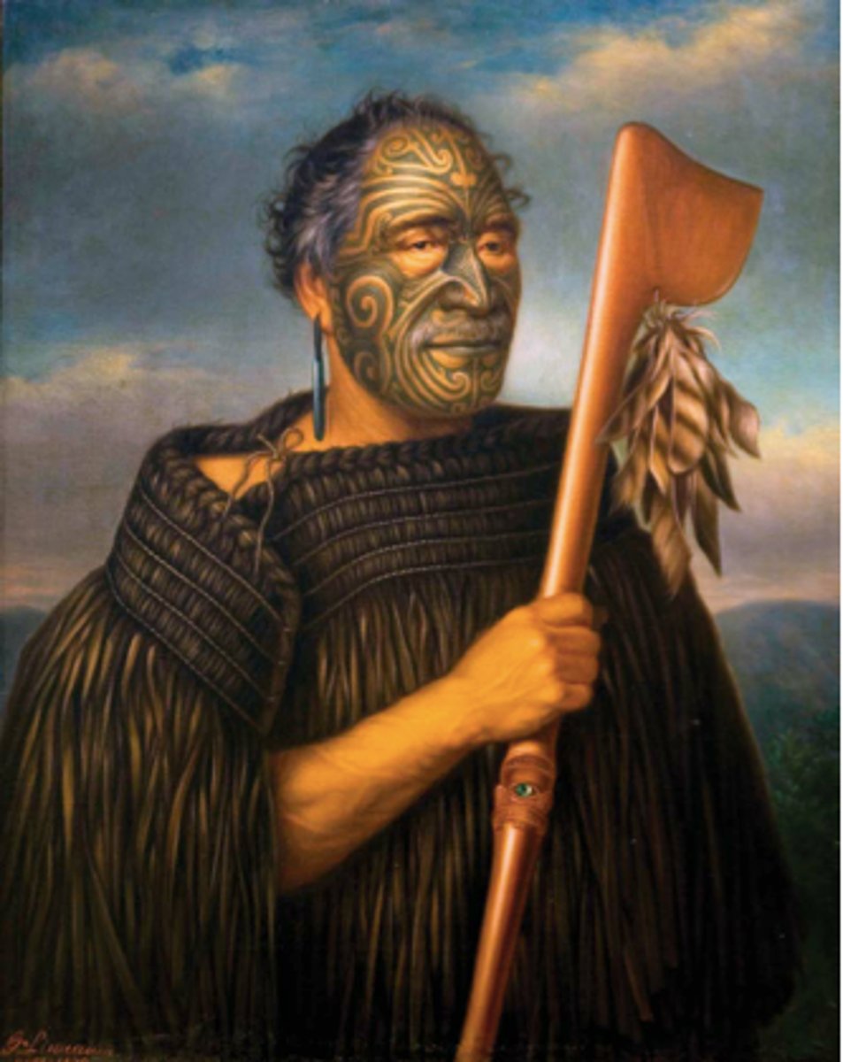 <p>Maori from Aotearoa. GOTTFRIED LINDAUER<br><br>Portrait of a deceased maori chief. Lindauer was known for his portraits! <br>Since these portraits had mana/spirit in them, they were passed down the family line<br>STATUS+MANA!!: staff, earring, kiwi feather</p>