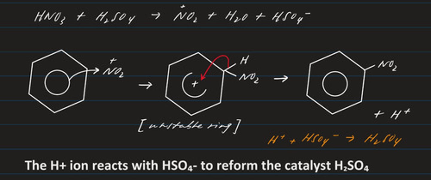 <p>- electrophilic substitution (electrophile: NO₂+)</p><p>- there is a substitution of hydrogen</p><p>- product: nitrobenzene</p>