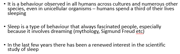 <ul><li><p>it is a natural, periodic state that involves reduced responses to environmental stimuli and decreased mobility</p></li><li><p>it differs <span>from states such as coma (extended period of unconsciousness), vegetative state or brain death (no sign of brain activity and no response to stimuli)</span></p></li></ul>