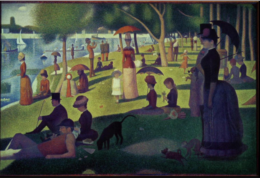 <p><strong>artist</strong>: revived mathematical perspective and structure, interested in color theory and combining science and art, made pointillism or divisionism</p><p><strong>medium</strong>: oil on canvas</p><p><strong>@</strong>: Art Institute of Chicago</p><p><strong>subject</strong>: where wealthy people went on a Sunday to show off their wealth to each other, fish, converse, relax, sail</p><p>couple in foreground is upper middle class, walking but slightly static</p><p>everyone appears to be still, except the man laying down in the front in the working class who appears very relaxed and girl in the back who is running, dogs, and butterflies = people are isolated in their own little worlds </p><p>each person is laid out in linear perspective all receding into the distance</p><p>all made by dots made of contrasting color next to each other</p>