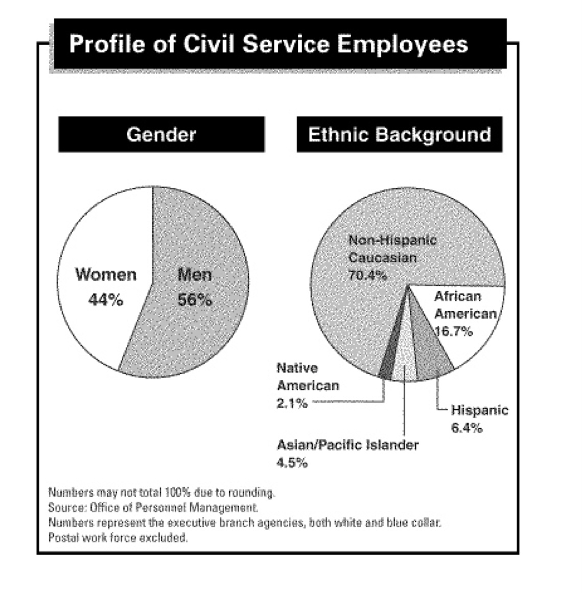 According to the chart, what % of civil service employees are women 