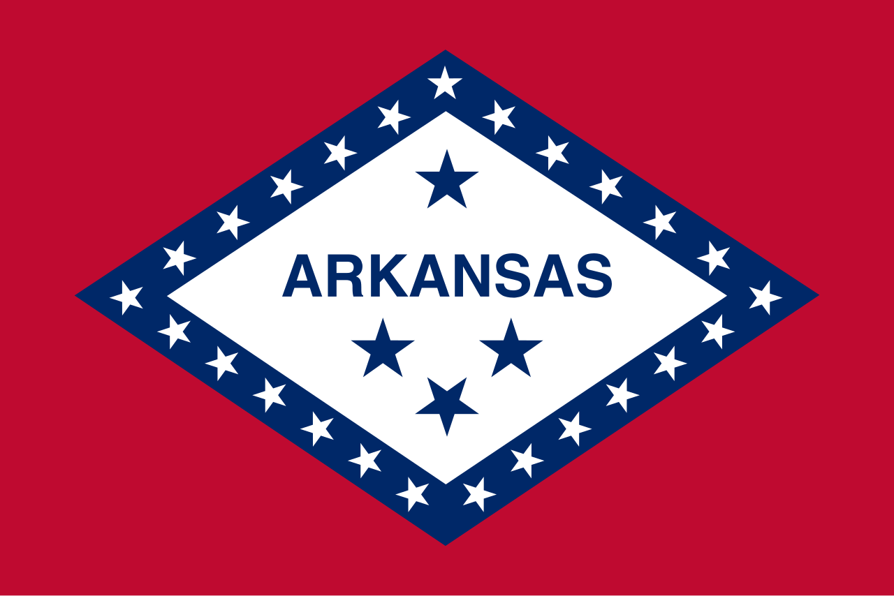 <p>Red background with a white diamond with blue outline. “Arkansas”</p>