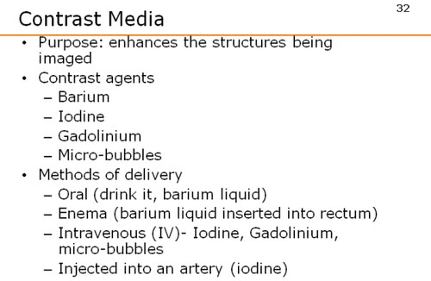 <p>A. CORRECT. Contrast media is used to highlight the inner contours of body structures and to enhance visibility for diagnostic imaging of less-dense body structures.</p><p>B. Contrast media has a higher density than what normally fills the gastrointestinal tract</p><p>or blood vessels. Therefore, it serves to make body structures more radiopaque, or dense, not more radiolucent, or easier to see through.</p><p>C. Bones are already one of the highest-density structures in the body. Contrast media is used to enhance visibility of less-dense body structures for diagnostic imaging. For the purposes of imaging, bones are not affected by contrast media.</p><p>D. Although radioactive elements and radiation are used in diagnostic imaging, the primary use of contrast media is not to protect internal organs from radiation.</p>