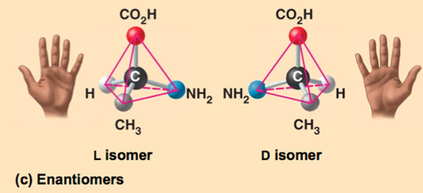 <p>isomers that are mirror images of each other, bc of dif spatial arrangement.</p><p>- cannot be superimposed on eachother</p><p>L and D isomers for left and right</p>