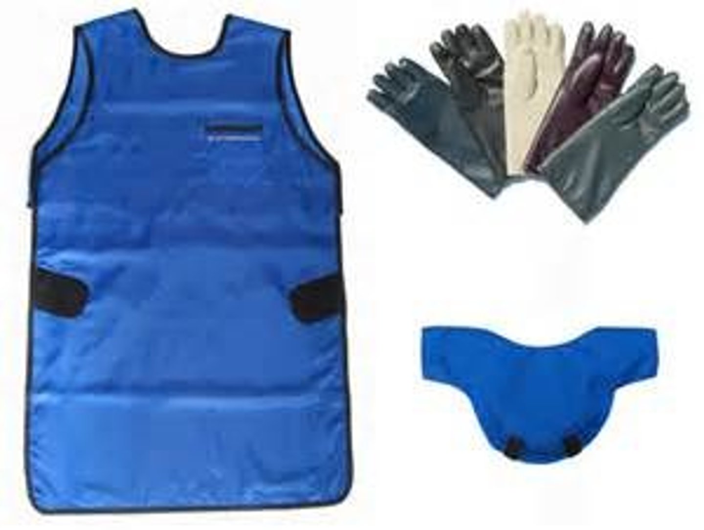 <p>lead lined apron, lead lined thyroid guard, lead lined gloves, dosimetry badge, and/or goggles.</p>