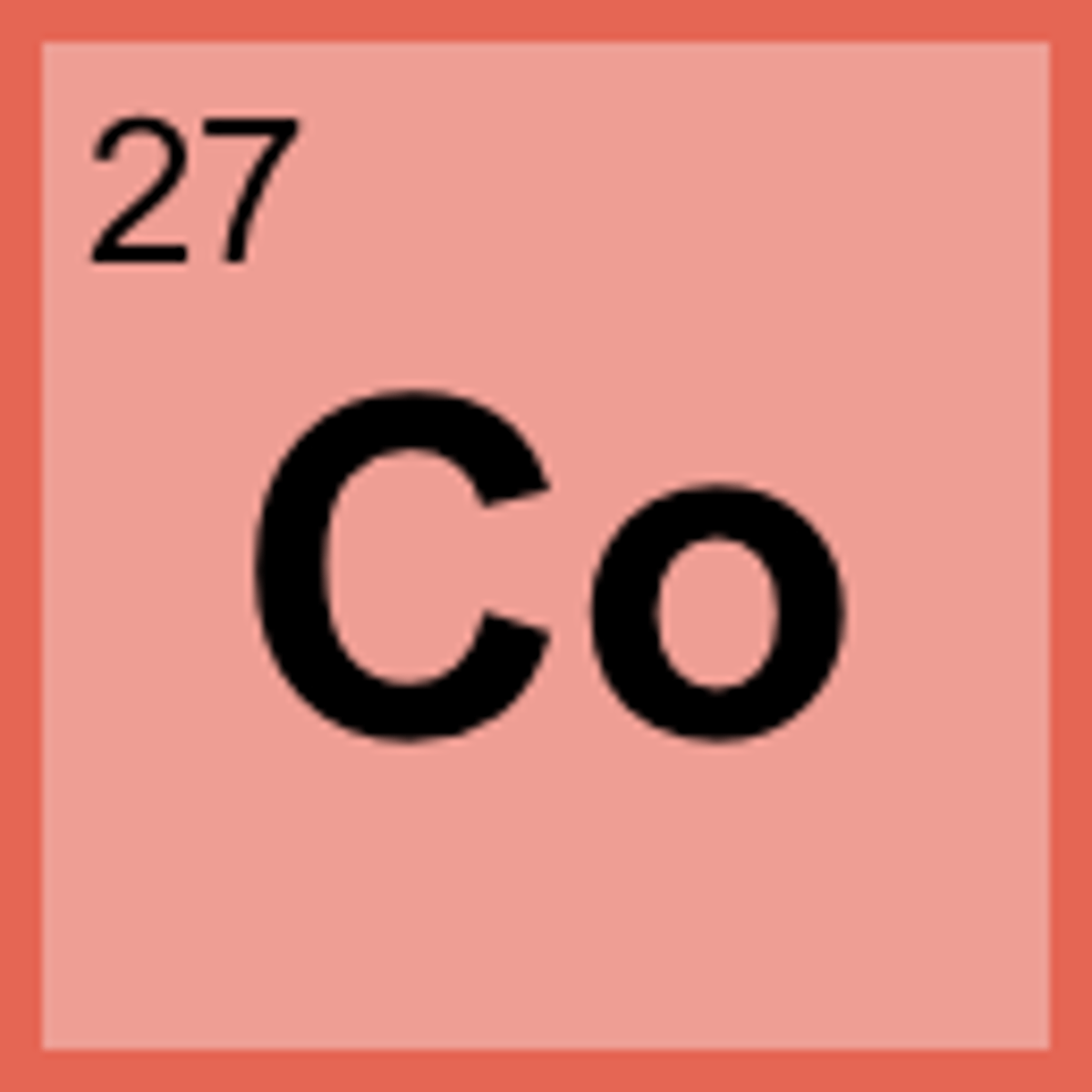 <p>Symbol: Co<br>Atomic Mass: 58.93<br>Atomic Number: 27</p>