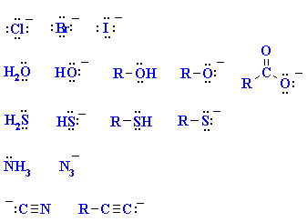 <p>typically have a negative charge or are attached to a metal</p><ul><li><p>nucleophilicity follows basicity trends</p><ul><li><p>the more basic the anion, the stronger the nucleophile</p></li></ul></li><li><p>different with protic/aprotic solvents</p><ul><li><p> the trend for nucleophilicity is F−>Cl−>Br−>I− in aprotic solvent, but in protic solvent, it is I−>Br−>Cl−>F− (F− is now larger than others in size because it is solvated.)</p></li></ul></li></ul><p></p>
