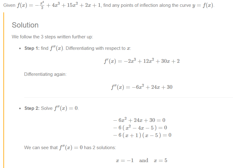 <p>Find 2nd derivative and set it equal to 0. Then solve for the x’s. Once you find the x’s plug each of them back into the original equation and find each y value of the points (not shown in the image).</p>