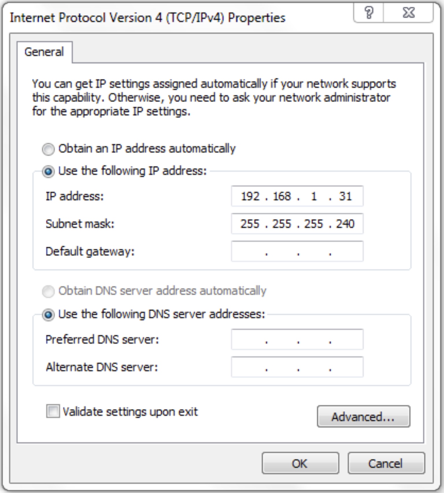 <p><span>Refer to the exhibit. A user is configuring a PC with the IP settings as displayed, but the operating system will not accept them. What is the problem?</span></p><p><span>A. The subnet mask is wrong.</span></p><p><span>B. The DNS settings are not configured.</span></p><p><span>C. The IP address is not a usable host address.</span></p><p><span>D. The gateway address is not configured.</span></p>