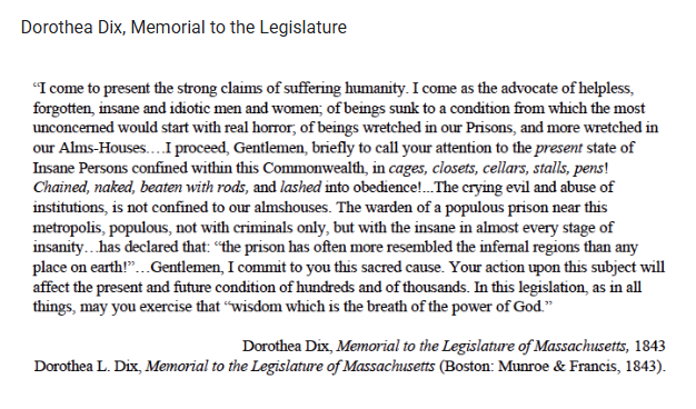 <p><span><span>The concerns articulated by Dorothea Dix in the excerpt above were most similar to those of</span></span></p><p><br></p>