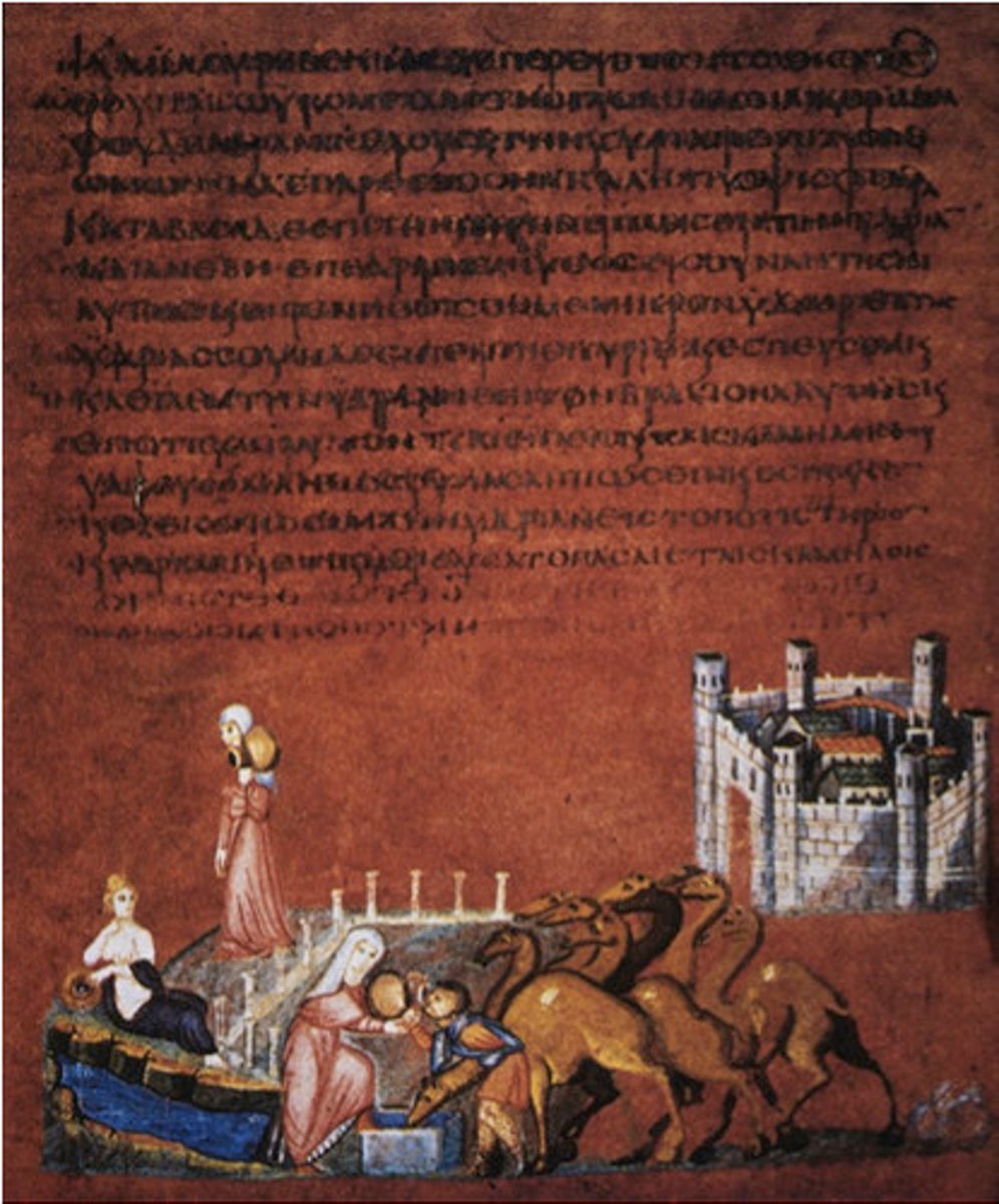 <p>- Rebecca goes to spring for water (personified as Roman goddess)</p><p>- quenches thirst of camel drive/camels</p>