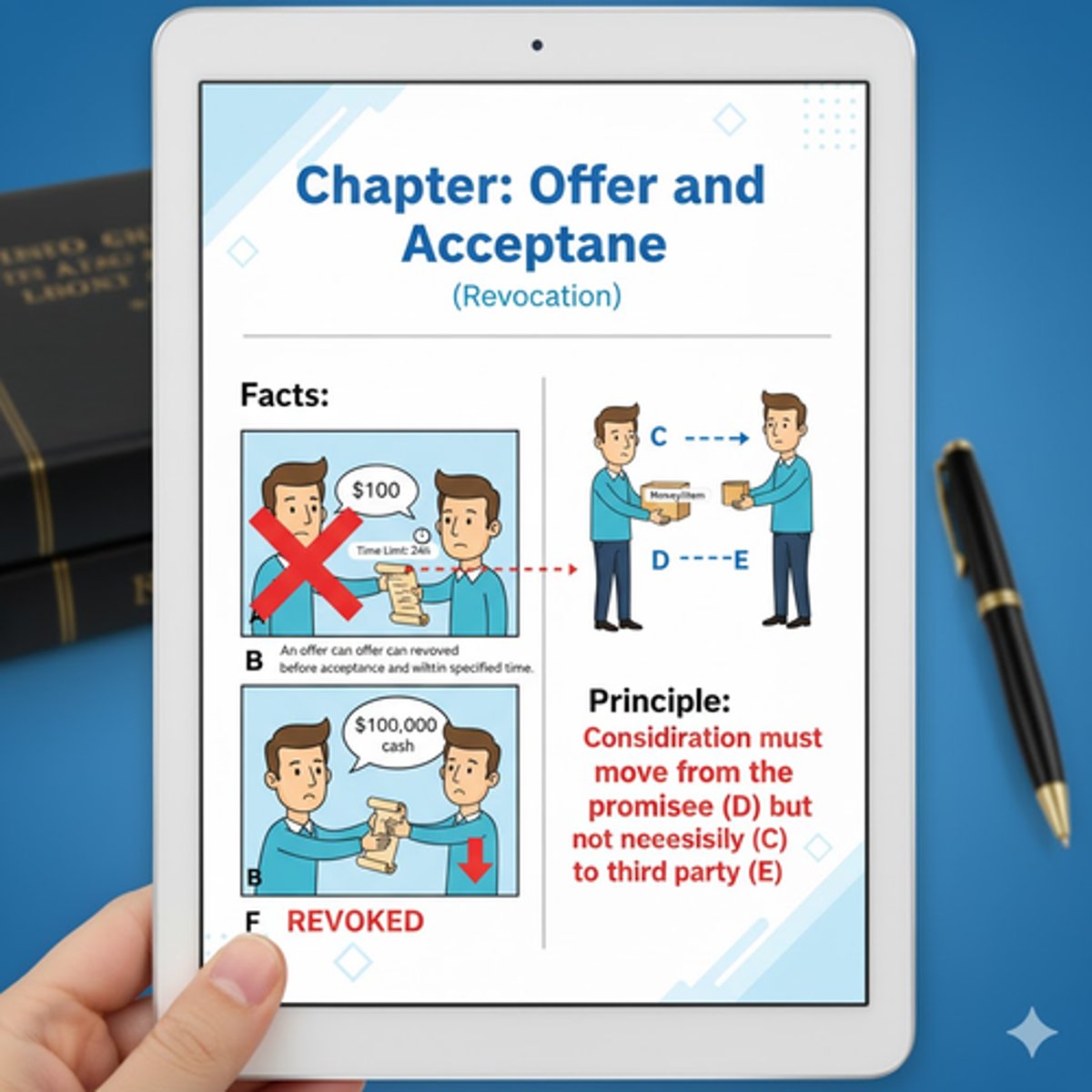 <p>Chapter: Offer and Acceptance (Termination of the Offer by Revocation)</p><p>Principle: An offer can be revoked at any time within the specified time and before acceptance.</p><p>AND</p><p>Chapter: Consideration (Consideration Must Move from the Promisor to the Promisee)</p><p>Principle: Consideration must move from the promisee but not necessarily from the promisor</p>