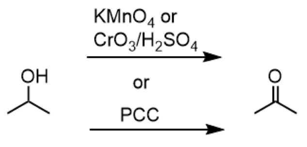 <ul><li><p>reagents: KMnO<sub>4</sub> or CrO<sub>3</sub>/H<sub>2</sub>SO<sub>4 </sub>or PCC</p><p></p></li></ul><p></p>