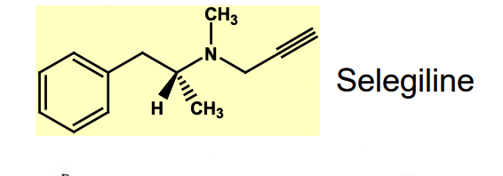 <p>antiparkinsonian drug </p><ul><li><p>parkinson’s disease = reduction in dopamine conc in the brain </p></li><li><p>Selegiline deactivates monoamine oxidase B (MAO B) = involved in metabolism of the inhibitory neurotransmitter dopamine </p></li></ul><img src="https://knowt-user-attachments.s3.amazonaws.com/846d773d-ed12-4b76-b73c-5ff0f116ed98.png" data-width="100%" data-align="center"><p></p>