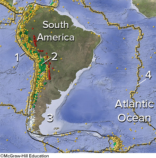 On this map of South America and adjacent areas, which site would have the deepest earthquakes?