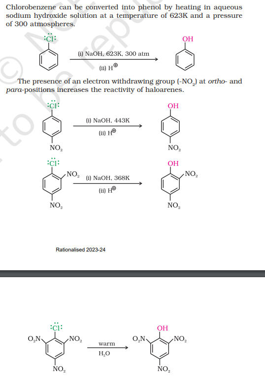 <p>To make the haloarene more reactive towards a nucleophile, more energy can be supplied to break the double bond or an electron-withdrawing group (-NO2 ) at ortho- and para-positions to weaken the C-Cl bond</p><p></p><p>First reaction (image) - Dow’s Process</p><p></p><p>The greater the number of nitro groups - the reactivity of the halo arene increases and less energy is required </p>