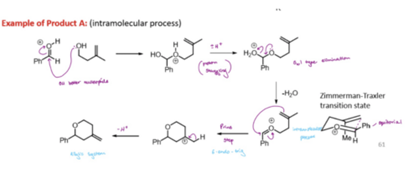 <p>through an intramolecular process</p><p>includes proton shuffling within the molecule</p><p>an SN1 type elimination</p><p>finally, the prins step which involves the alkene attack onto the activated carbonyl but they are part of the same structure</p>