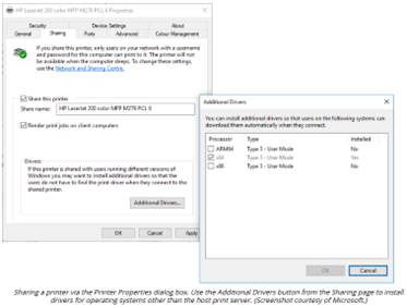 <p><span>Using the <strong>Sharing</strong> tab in the printer’s <strong>Properties</strong> dialog</span></p>