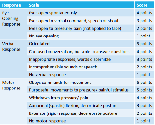 <ul><li><p>measurement of patient’s level of consciousness</p></li><li><p>completely unresponsive = 3 points</p></li><li><p>normal alertness = 15 points</p></li><li><p>minor brain injury = 13-14 points</p></li><li><p>moderate brain injury = 9-12 points</p></li><li><p>severe brain injury = 3-8 points </p></li></ul><p></p>