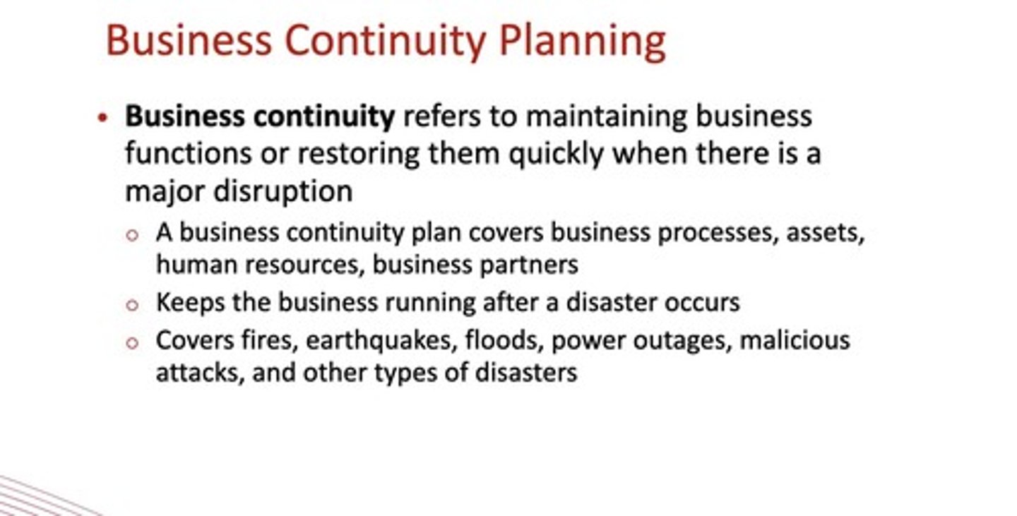 <p>Covers business processes, assets, human resources, and business partners to keep the business running after a disaster occurs.</p>
