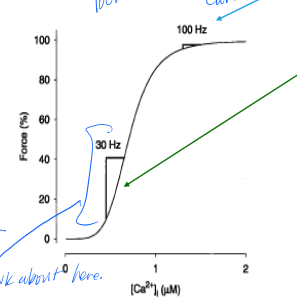 <p>reduction of Ca2+ release has what kind of effect at low frequencies&nbsp;because our bodies operate at a lower frequency of about 30Hz and according to graph a small change in Ca2+ will result in a greater drop in force </p>