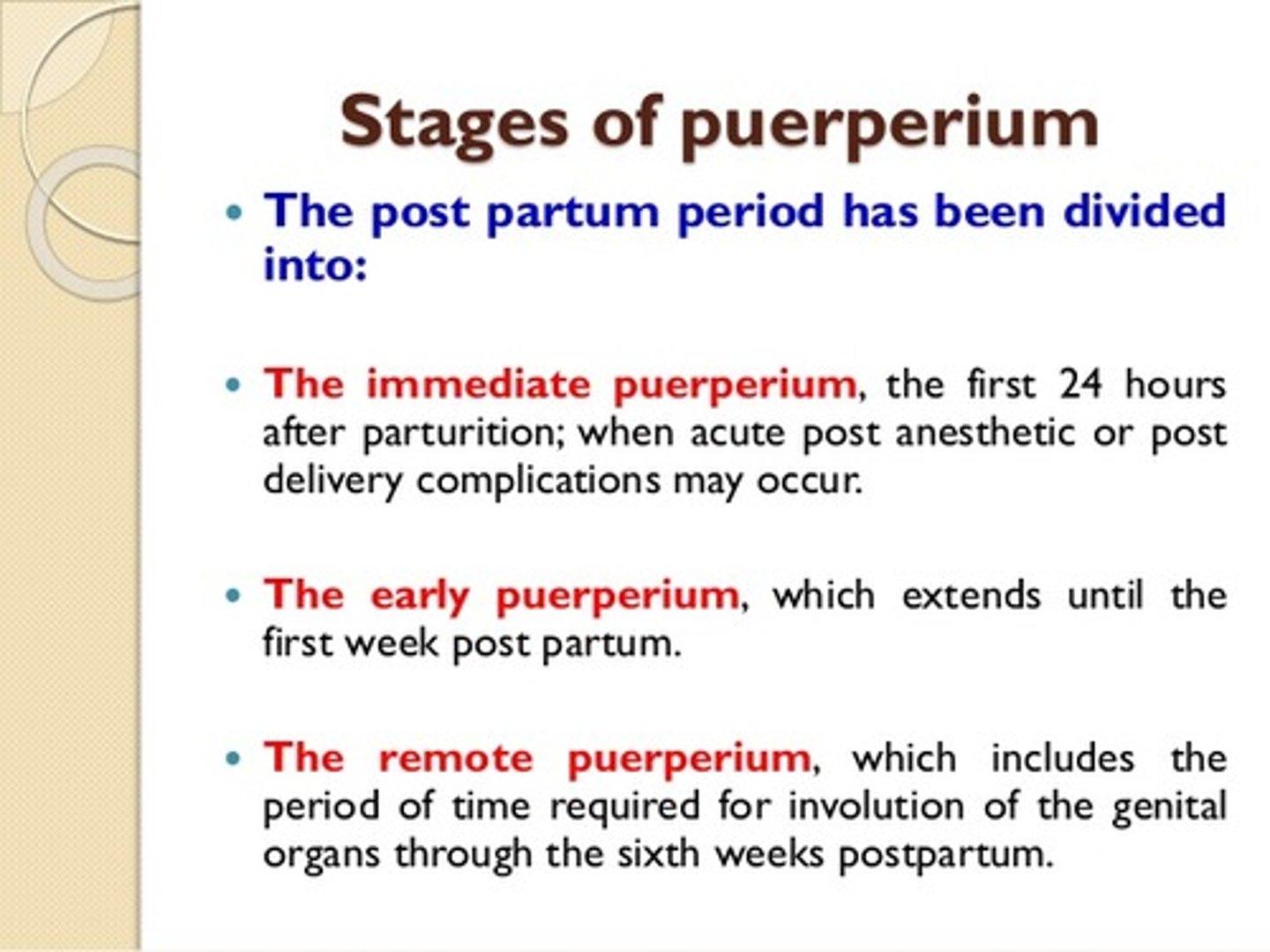 <p>period from delivery until the reproductive organs return to normal</p>