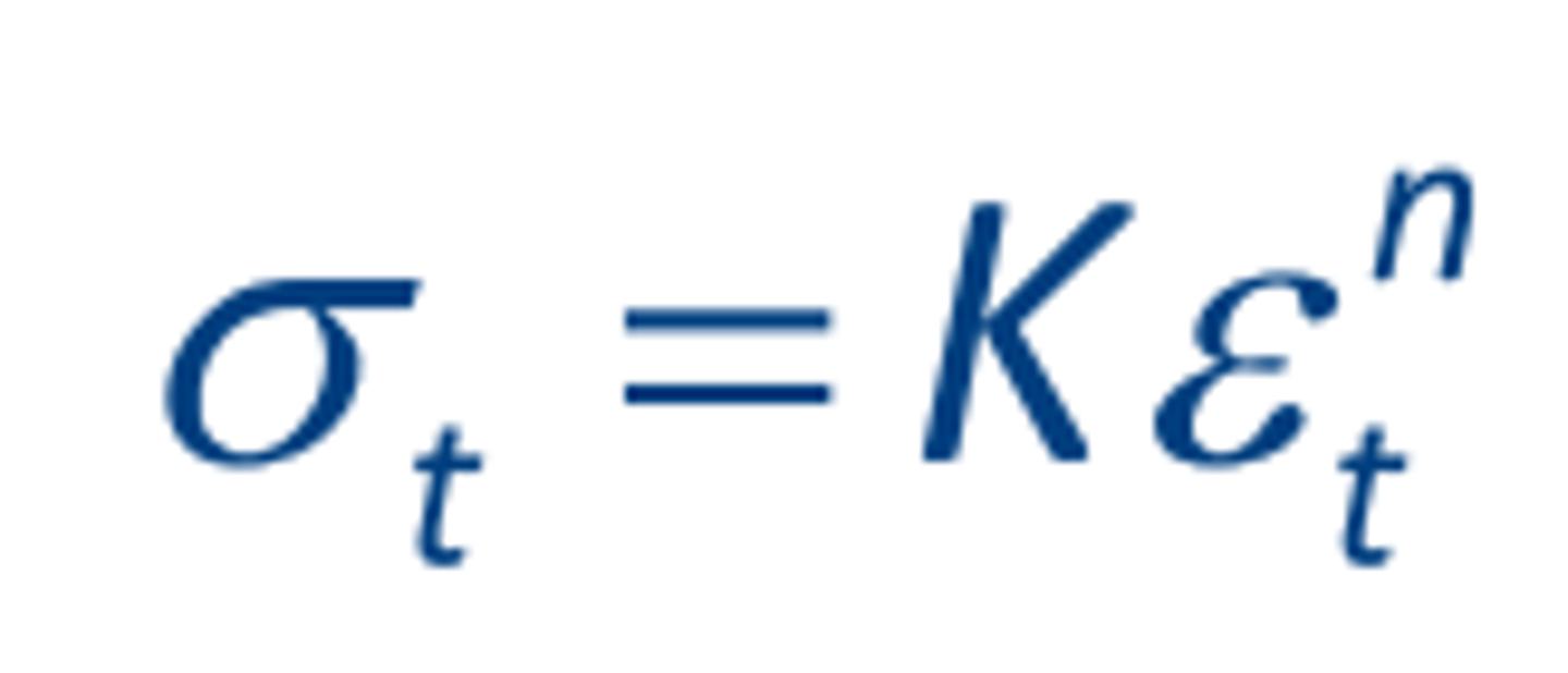 <p>K: strength coefficient</p><p>𝑛: strain hardening exponent</p><p>The true stress v. true strain post-yield hardening behavior often described</p>