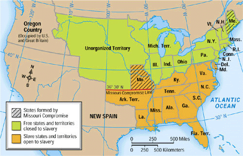 • Missouri would be admitted as a slave state; Maine would be admitted as a free state
• All new states north of the 36°30' line would be free, new states southward would be slave